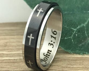 6mm Cross Wedding Ring,Personalize Custom Engrave Stainless Steel Spinner Ring,Cross Spinner Ring,Christian Jewelry,Religious Jewelry SSR508