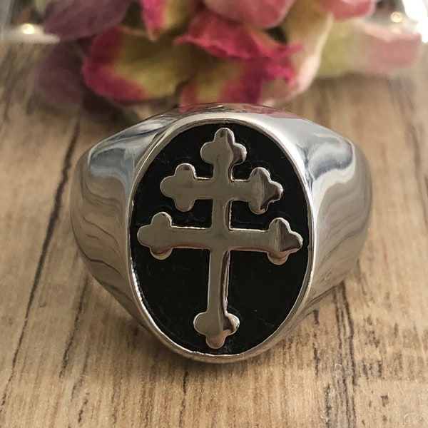 Lorraine Cross Ring Gold/Silver/Titanium Stainless Steel Signet Cross Rings Gift for Men Women Size 7-14