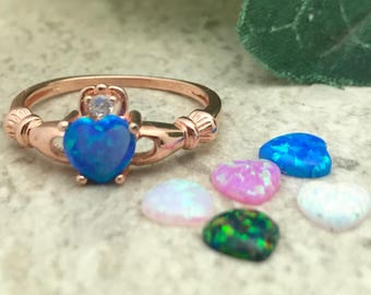 Blue Lab Opal Claddagh Ring, Claddagh Engagement Ring, Rose Gold Plated 925 Sterling Silver Claddagh Ring,Love Loyalty & Friendship Ring
