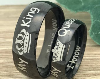 My King and My Queen Rings, Personalized Engraved Titanium Rings, Black Plated Titanium Bands with Engrave King & Queen Design Promise Rings