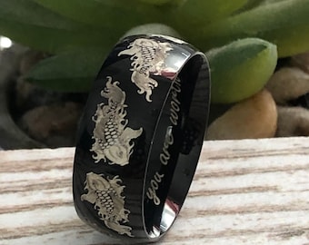Koi Fish Ring, Black Titanium Ring with Koi Fish design, Titanium Ring for Men & Woman, Classic Dome Comfort Fit