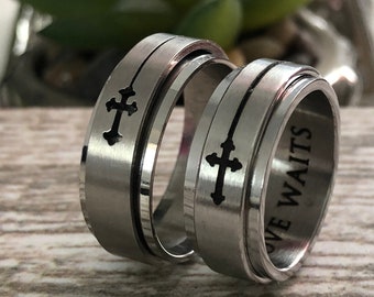 Cross Rings, Stainless Steel Spinner Rings, Silver Rings, Couples Ring Set, Promise Rings, Wedding Bands, Religious Jewelry