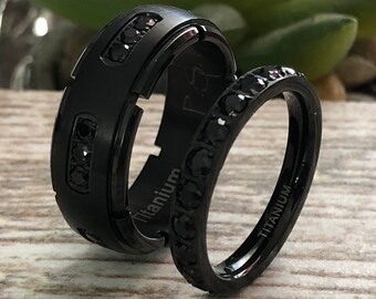 8mm/3mm His and Her Titanium Rings, Black Titanium Rings Titanium Engagement Ring, Eternity CZ Ring, Promise Rings Set