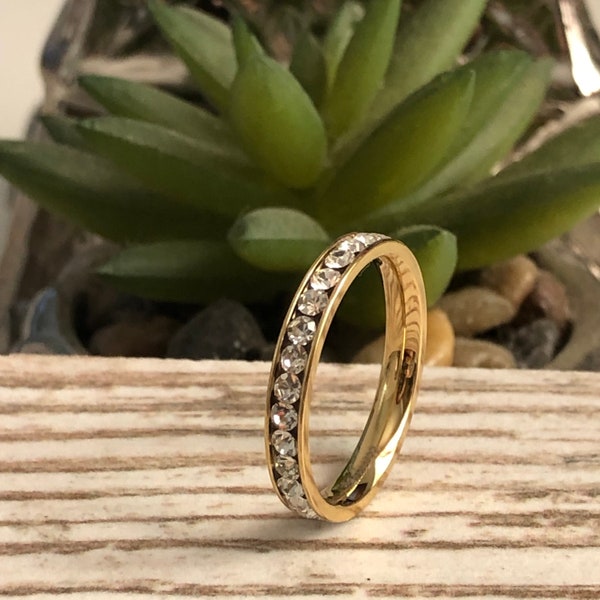 3mm Titanium Wedding Ring, Personalized Engrave Yellow Gold Plated Eternity CZ Wedding Band Ring, Wedding Ring, Promise Ring TRB163