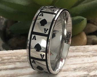 8mm Stainless Steel Back Ace Spade Poker Wedding Games Promise Statement Cocktail Party Biker Ring