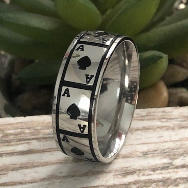 8mm Stainless Steel Back Ace Spade Poker Wedding Games Promise Statement Cocktail Party Biker Ring