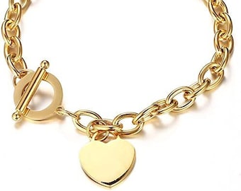 Heart Toggle Bracelet, Personalized Heart Bracelet, Gold Plated Stainless Steel Bracelet for Women, Teens,  Bridal Gift Jewelry 8.6"