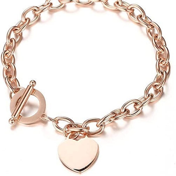 Heart Toggle Bracelet, Personalized Heart Bracelet, Rose Gold Plated Stainless Steel Bracelet for Women, Teens,  Bridal Gift Jewelry 8.25"