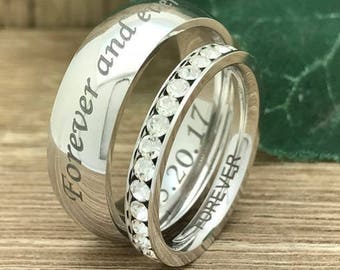 7mm/3mm Personalize Engrave Sterling Silver Ring Sets, His and Hers Sterling Silver Wedding Ring,Eternity Wedding Bands,Anniversary Ring