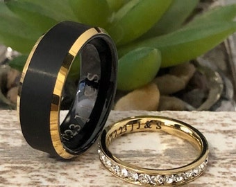 8mm/3mm His and Her Gold Plated Titanium and Tungsten Ring, Personalized Tungsten & Titanium Eternity CZ Ring Promise Rings Sets Comfort Fit