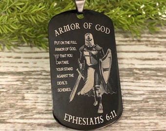 Ephesians 6:11 Armor of God Dog Tag Necklace, Black Stainless Steel Dog tag with Laser Engraved Armor of God Bible Verse, SSN837