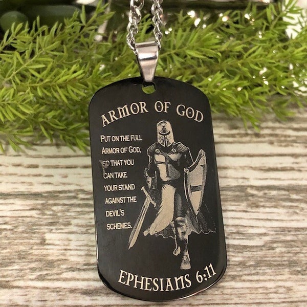 Ephesians 6:11 Armor of God Dog Tag Necklace, Black Stainless Steel Dog tag with Laser Engraved Armor of God Bible Verse, SSN837