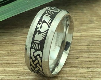 Claddagh Ring, Celtic Claddagh Ring, Mens Stainless Steel Celtic Claddagh Ring, Claddagh Ring for Men and Woman, 8mm KKSSR903