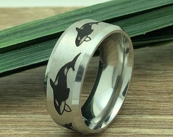 Orca Whale Ring, Stainless Steel Ring with Orca Whale Design, Laser Engraved Orca Design, Shark Ring for Men and Women, KKSSR900