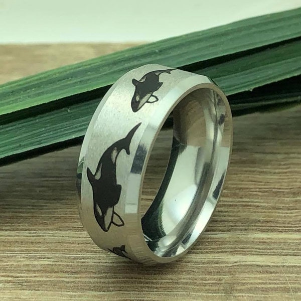 Orca Wal Ring, Edelstahl Ring mit Orca Wal Design, Lasergravur Orca Design, Hai Ring für Männer und Frauen, KKSSR900