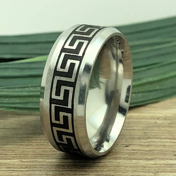 Greek Key Ring, Stainless Steel Ring with Greek Key Design, Laser Engrave Greek Key Design for Men and Women, Father's Day Gift KKSSR907-8MM