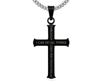 Men's Black Stainless Steel Necklace, Philippians 4:13 STRENGTH Bible Verse Cross Pendant Necklace, Personalized Cross Necklace SSN542