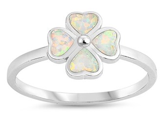 Clover Ring Sterling Silver 4 Leafs Clover Fire Lab Opal Gift For Mom October Birth stone Vintage Sterling Silver Fire Opal Clover Ring