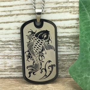 Koi Fish Stainless Steel Dog Tag Necklace, Personalized Laser Engraved Lucky Charm Koi Fish Design, Father's Day Gift  SSN674