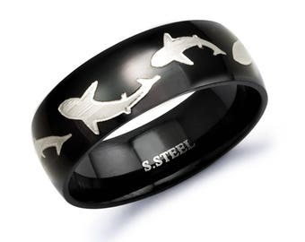Shark Ring, Personalize Custom Engrave Stainless Steel Ring with Shark Design, Black Ring, Classic Dome, Father's Day Gift-SSR411