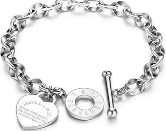 Heart Toggle Bracelet, Personalized Heart Bracelet, Stainless Steel Bracelet for Women Gift for Her, Bridal Gift Jewelry 7.5 Inches-SSB270-S