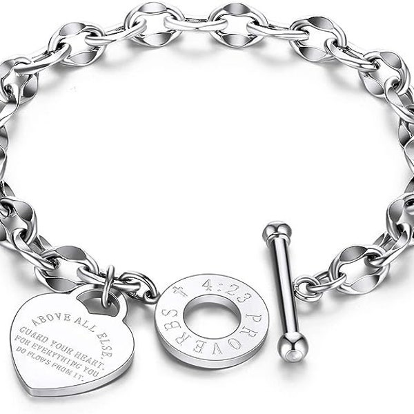 Heart Toggle Bracelet, Personalized Heart Bracelet, Stainless Steel Bracelet for Women Gift for Her, Bridal Gift Jewelry 7.5 Inches-SSB270-S