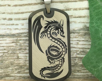 Dragon Dog Tag Necklace, Personalized Engrave Stainless Steel Dog Tag Necklace, Black Dog Tag Necklace, SSN670