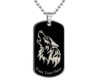 Wolf Necklace, Black Dog Tag Necklace with Engrave Wolf Design,  Black Plated Stainless Steel  Dog Tag Necklace, Father's Day Gift- ssn499