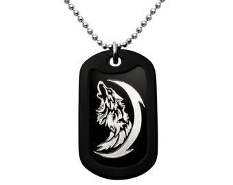 Wolf Necklace, Stainless Steel Dog Tag Necklace with Engraved Wolf Design,  Black Dog Tag Necklace, Father's Day Gift 24 inches AN151
