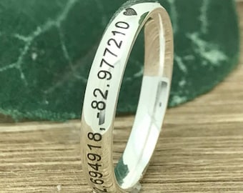 3mm Sterling Silver Wedding Ring, Personalized Engrave Coordinates Ring, Sterling Silver Promise Ring, Anniversary Ring SR1079