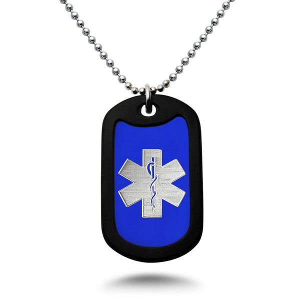 Custom Engraved Medical Alert ID Aluminum Dog Tag Necklace with Stainless Steel bead Chain Made in USA-AN164