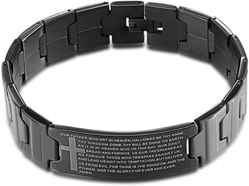 Lords Prayer Cross Bracelet 316L Stainless Steel Link Bangle Bracelet for Men and Woman-Stainless Steel English Bible Verse Bracelet-8.5 image 5