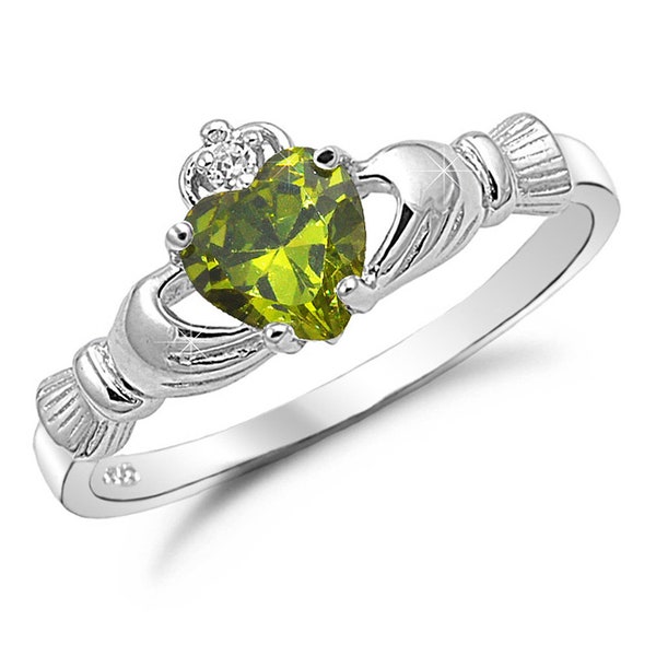 Claddagh Ring, 925 Sterling Silver Claddagh Ring, Peridot Birthstone Claddagh Ring Womens Claddagh Engagement Ring with Cubic Zirconia CZ