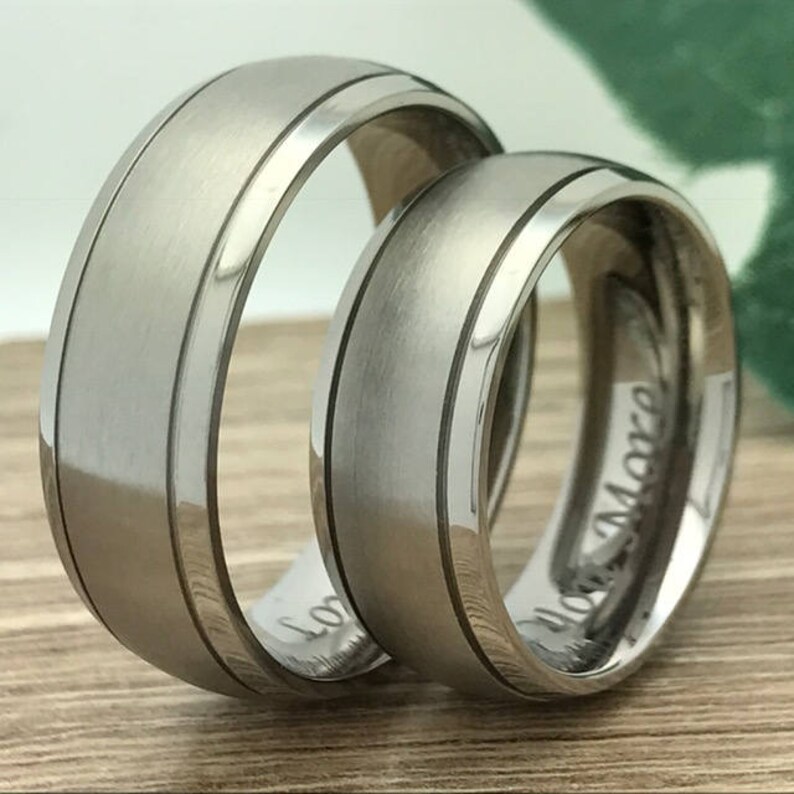 8mm His and Hers Titanium Wedding Rings, Personalize Engraved Titanium Ring, Couples Ring Sets, Comfort Fit, Classic Dome
