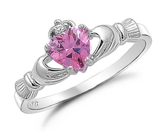 Claddagh Ring, 925 Sterling Silver Claddagh Ring, October Birthstone Claddagh Ring  Engagement Ring with Simulated Pink Heart CZ,