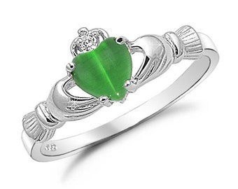 Claddagh Ring, 925 Sterling Silver Claddagh Ring, Claddagh Ring, Emerald Green Simulated Cat's Eye Claddagh Ring, Irish Claddagh  Ring,