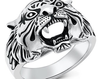 Tiger Ring, Silver Ring Tribal Tiger Head Ring, Custom Engrave Anniversary Ring Silver Wedding Band, Sterling Silver Wedding Ring