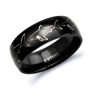 Shark Ring, Personalize Custom Engrave Stainless Steel Ring with Shark Design, Black Ring, Classic Dome, Father's Day Gift-SSR409