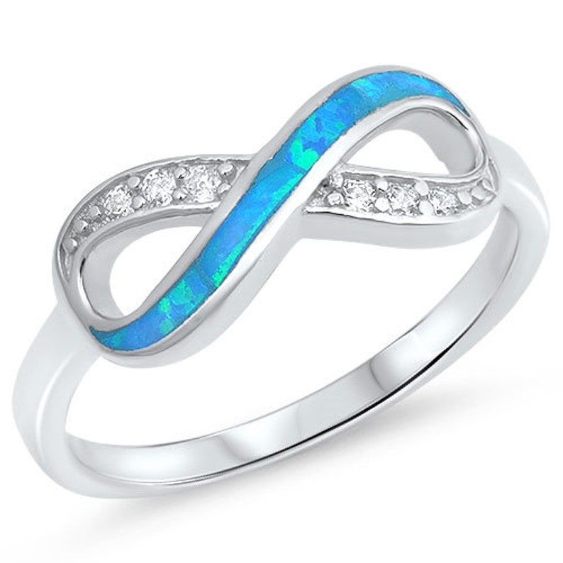 Infinity Ring,Blue Lab Opal Ring, Lab Opal CZ Ring Sterling Silver Ring with Lab Opal Ring, Infinity with Cubic Zirconia Ring, Promise Ring image 1
