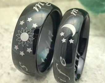 Moon and Stars Rings, Personalized Engraved Stainless Steel Rings, Black Stainless Steel Rings Wedding Bands , Sun Moon & Star Rings SSR619