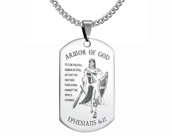 Ephesians 6:11 Armor of God Dog Tag Necklace, Black Stainless Steel Dog tag with Laser Engraved Armor of God Bible Verse, SSN837-S