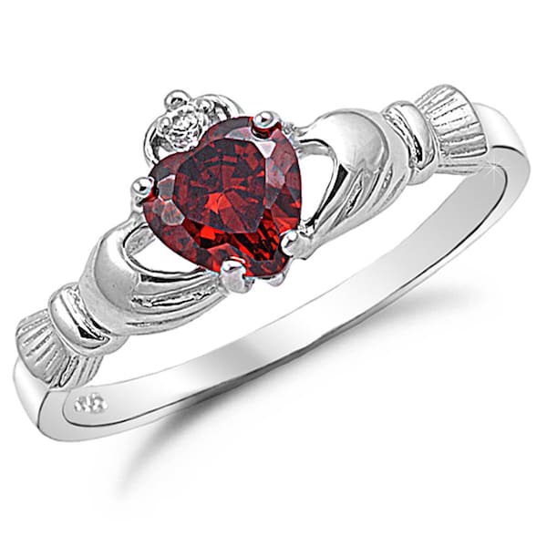 Claddagh Ring, 925 Sterling Silver Claddagh Ring, January Birthstone Claddagh Ring with Simulated Garnet Heart CZ, Engagement Ring