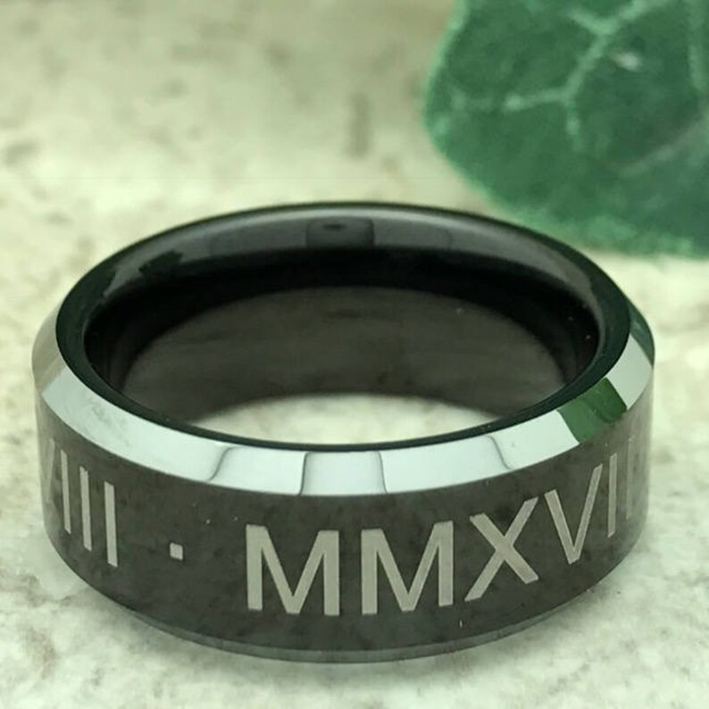 Roman Numeral Tungsten Ring Personalize Engrave Two Tone Etsy