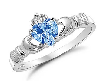 Claddagh Ring, 925 Sterling Silver Claddagh Ring, March Birthstone Claddagh Ring with Simulated Aquamarine Heart CZ, Engagement Ring