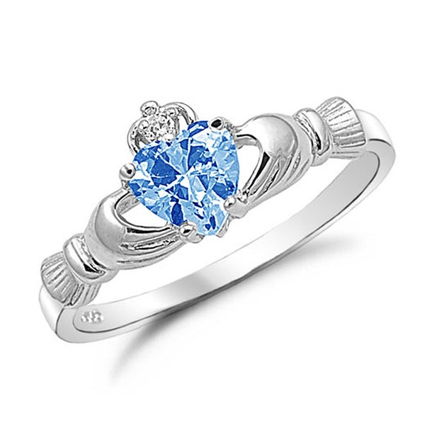 Claddagh Ring, 925 Sterling Silver Claddagh Ring, March Birthstone Claddagh Ring with Simulated Aquamarine Heart CZ, Engagement Ring