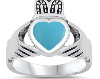 Turquoise Claddagh Ring, 925 Sterling Silver Claddagh Ring with Simulated Turquoise, Engagement Ring, Love Loyalty & Friendship Ring