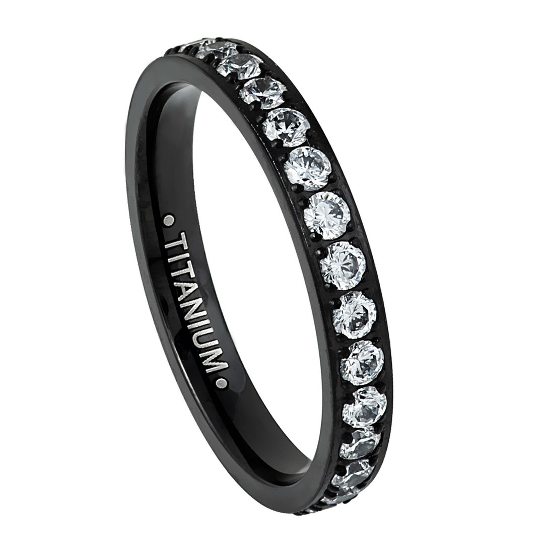 3mm Titanium Wedding Ring, Personalized Black Plated Eternity CZ