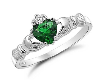 Claddagh Ring, 925 Sterling Silver Claddagh Ring, May Birthstone Claddagh Ring with Simulated Emerlad Heart CZ, Engagement Ring