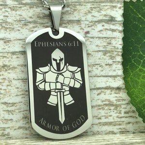 Ephesians 6:11 Bible Verse, Armor of God Dog Tag Necklace, Stainless Steel Dog tag with Laser Engraved Armor of God Bible Verse SSN702