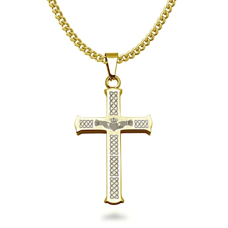 Men/'s Cross Necklace Celtic Claddagh Cross Pendant Necklace SSN545-G Personalized Stainless Steel Gold Plated Cross Pendant Necklace